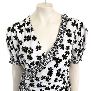 LOVE WHIT Floral Puff Sleeve Midi Wrap Dress Black White SZ L